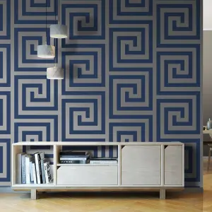 Athena Geometric Wallpaper Navy / Silver Debona 4009