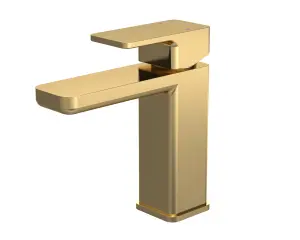 Square Mono Basin Mixer Tap & Push Button Waste - Brushed Brass