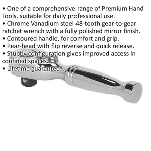 Compact 48-Tooth Pear-Head Ratchet Wrench - 3/8 Inch Drive with Flip Reverse