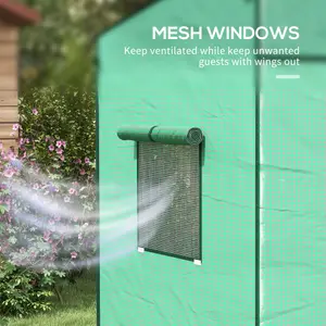 Walk-in Garden Green House with Large Roll-up Door and 2 Mesh Windows, Green