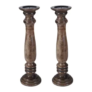 Rustic Antique Carved Wooden Pillar Church Candle Holder Light Brown, Large 31cm High