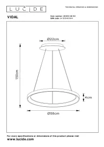 Lucide Vidal Modern Pendant Light 58cm - LED Dim. - 1x48W 2700K - Matt Gold, Brass