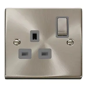 Satin / Brushed Chrome 1 Gang 13A DP Ingot Switched Plug Socket - Grey Trim - SE Home