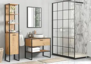 Tall Bathroom Cabinet Storage Unit Tallboy Black Steel Oak Finish Freestanding Loft Industrial Brook