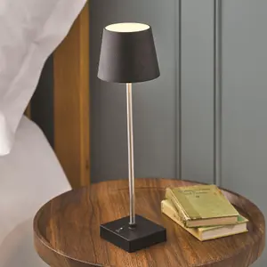 Battery or USB Operated Table Lamp - Modern Portable Cordless LED Light with Black Shade & Base & Silver Stand - H36 x 10.5cm