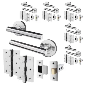 AFIT Polished Chrome Door Handle Latch Set, Pack of 6 Round T Bar Internal Door Handles, Latch (64mm), Hinges (76mm) Olvera Range