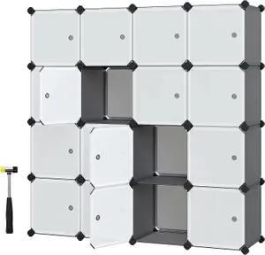 16-Cube DIY Storage Organiser Unit, Plastic Closet Cabinet, Wardrobe, with Doors, for Clothes Shoes Toys Books, Grey