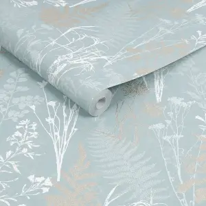 Superfresco Easy Duck Egg Metallic Floral Wallpaper