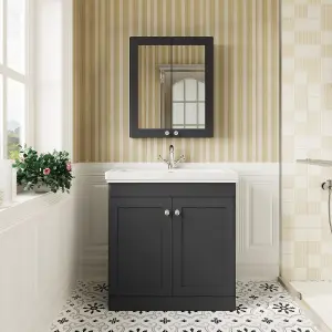 Traditional Floor Standing 2 Door Vanity Unit with 1 Tap Hole Fireclay Basin, 800mm - Soft Black