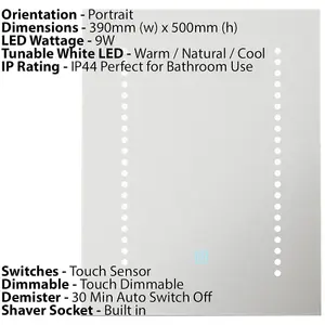 390 x 500mm IP44 LED Bathroom Mirror - Tunable White - Demister & Shaver Socket