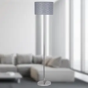 First Choice Lighting Chrome Stick Floor Lamp with Grey Laser Cut Shade