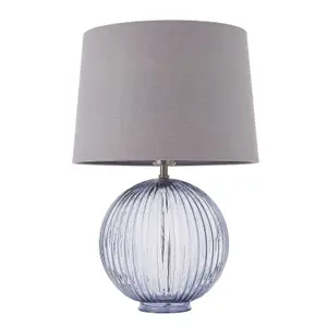 Table Lamp Smokey Grey Ribbed Glass & Charcoal Linen 40W E27 Base & Shade