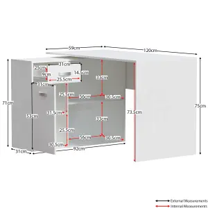Vida Designs Longton White Adjustable L-Shaped Computer Desk with Shelves, Drawer and Door