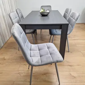 Dining Table and 6 Chairs  Black Dark Grey 6 Grey Velvet Chairs Wood Dining Set Furniture