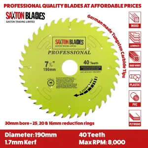 Saxton TCT19040TPRO Saxton Professional Range TCT Circular Saw Blade 190mm x 40T x 30mm Bore, 16, 20, 25mm Reduction Rings