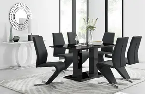 Imperia Black High Gloss 6 Seater Dining Table with Structural 2 Plinth Column Legs And 6 Black Faux Leather Willow Chairs