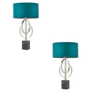 2 PACK Antique Silver Table Lamp & Teal Satin Shade Black Marble Base Desk Light