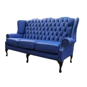 Chesterfield 3 Seater Flat Wing High Back Sofa Ultramarine Blue Leather In Queen Anne Style