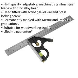 300mm Adjustable Combination Square with Steel Blade for Precision Woodworking