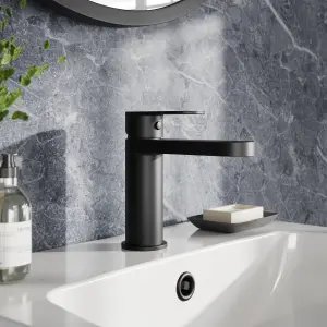 Round Mono Basin Mixer Bathroom Sink Tap & Push Button Waste - Matt Black - Balterley