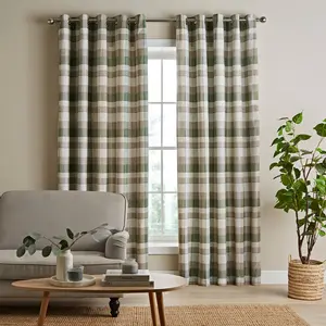 Brushed Cotton Thermal Check Lined Eyelet Curtains Green / 168 W x 183 D cm