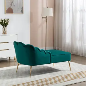 Lissone 130cm Wide Green Velvet Fabric Shell Back Chaise Lounge Sofa with Golden Coloured Legs