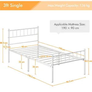 Minimalist Metal Bed Frame with Slatted Headboard White / Single (3')