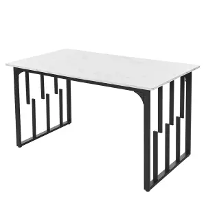 Unique Metal Frame Rectangular Dining Table in Modern Marble Pattern, With Adjustable Feet, White/Black, 140 x 80cm