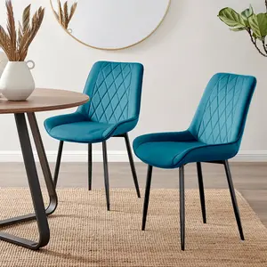 Palermo Velvet Modern Dining Chairs with Tapered Metal Legs & Quilted Diamond Stitching (Set of 2) Blue / Black