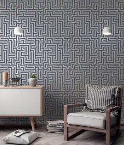 Holden Metallic Glistening Industrial Maze Geometric Geo Wallpaper Luxury Roll Navy Gold 12913