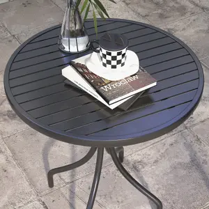 Outsunny Round Garden Table Outdoor Side Table with Steel Frame Slat Top Black