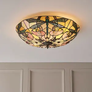 Tiffany Glass Semi Flush Ceiling Light Dragonfly Round Inverted Shade i00032