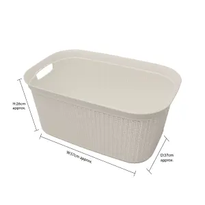 JVL Knit Design Loop Plastic Rectangular Linen Washing Basket with Handles, 38L, Ivory