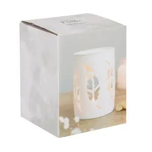 White Ceramic Oil Burner and Wax Melter. Cut-out Feather Design (Dia) 9 cm