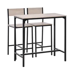 3 Pack Table Stool Set Industrial Design w/ Metal Frame Oak Tone MDF Panels