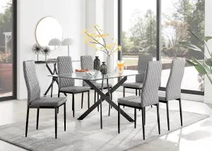 Furniturebox Leonardo 6 Seater Rectangular Glass Dining Table with Silver Metal Legs & 6 Grey Milan Faux Leather Black Leg Chairs