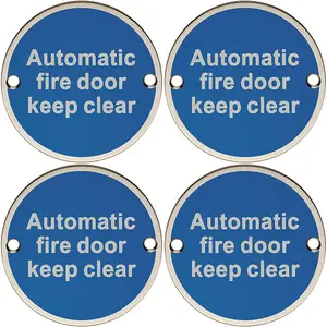 4x Automatic Fire Door Keep Clear Plaque 76mm Diameter Bright Stainless Steel