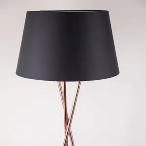 First Choice Lighting Copper Tripod Floor Lamp with Black Fabric Shade