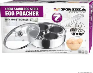 7pc Stainless Steel Egg Poacher Pan 4 Hole Cup Poach Saucepan Frying Glass Lid Non Stick New See Through Transparent Vented Glass