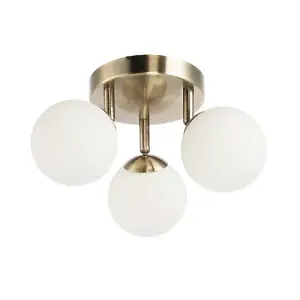 Modern Triple Opal Glass Globe IP44 Rated Bathroom Antique Brass Ceiling Light