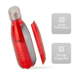 Royalford Stainless Steel Water Bottle 750ML Double Walled Insulated Water Flask, Red