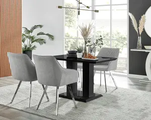 Furniturebox Imperia 4 Modern Black High Gloss Dining Table and 4 Light Grey Falun Silver Leg Chairs