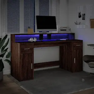 Berkfield Desk with LED Lights Brown Oak 160x55x91 cm Engineered Wood