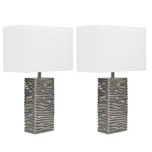 ValueLights Etienne Pair of Modern Silver Ripple Effect Ceramic Table Lamps with White Light Shades