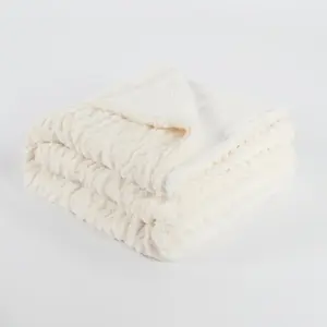 Cable Knit Blanket Sherpa Fleece Plush Supersoft Warm Throw, Cream - 130 x 160cm