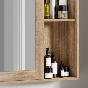 VonHaus Bathroom Mirror Cabinet, Oak Wood Effect Cabinet with Mirror with Adjustable Internal Shelf & Handleless Design, Chester