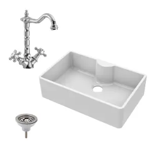 795mm - Fireclay Single Bowl Butler Kitchen Sink - Classic Tap, Tap Ledge & Waste