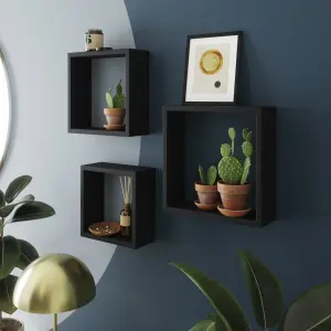 GoodHome Rigga Black Cube shelf (L)23cm x (D)9.8cm, Set of 3