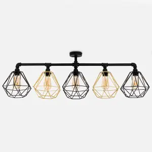 ValueLights Luiggi Industrial 5 Way Satin Black Pipework Ceiling Light with Black and Gold Cage Shades