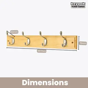 keypak 4-Hook Wall-Mounted Coat Rack, 45cm - Pine Wood Effect Board, Polished Chrome Coat Hooks - Fixings Included